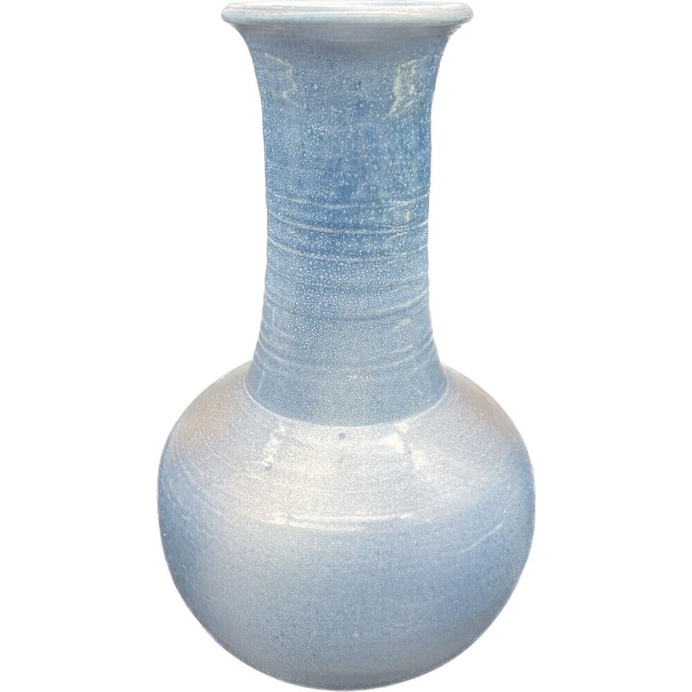 VTG Ceramic Glazedβ BLUE Ring Pattern Vase 9.5β Signed RARE